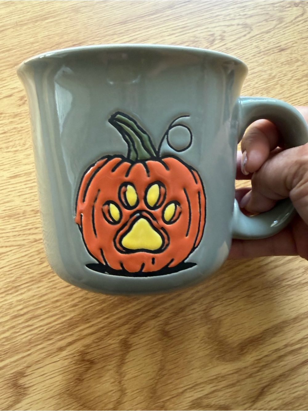 Life Is Good Gray Ceramic Mug with Orange Pumpkin Paw Design